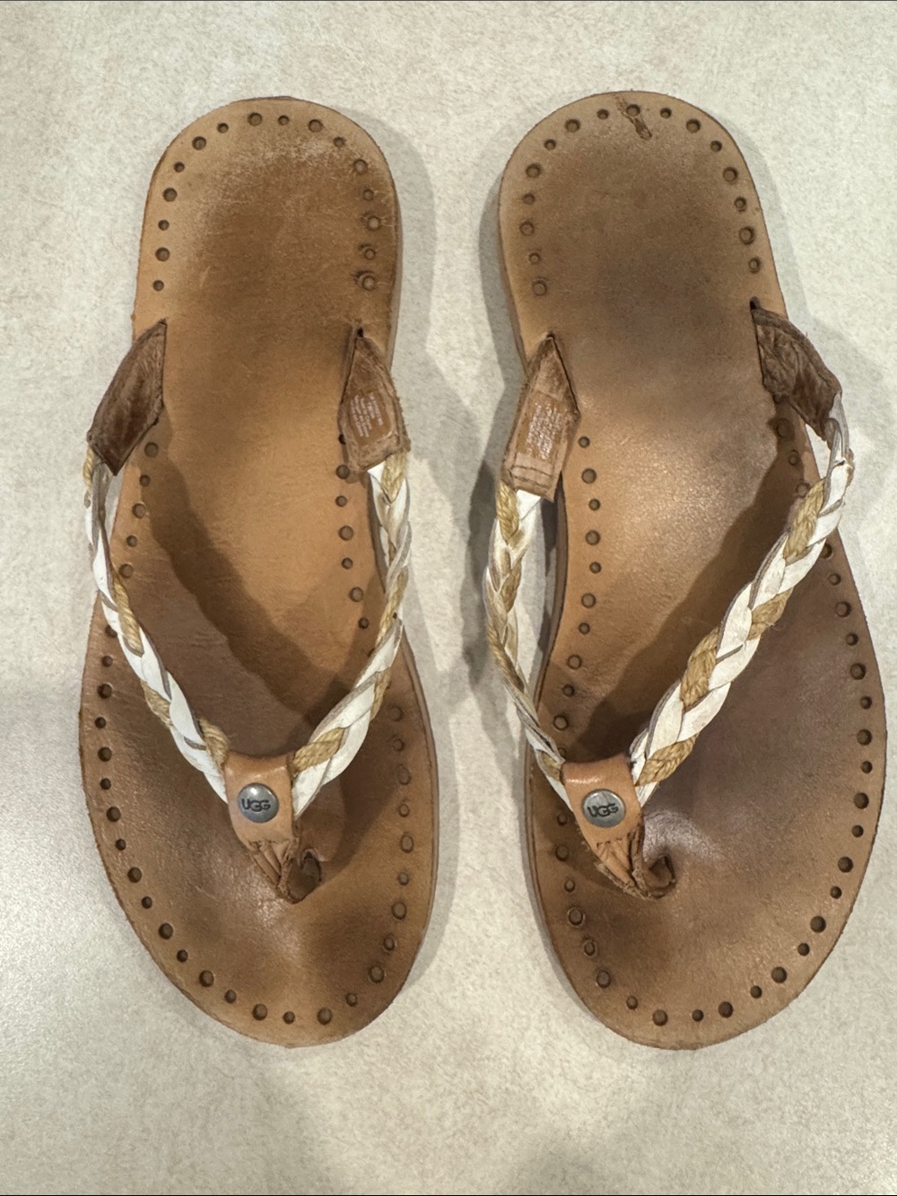 UGG Women’s Braided Leather Flip Flop Sandals - Brown/White